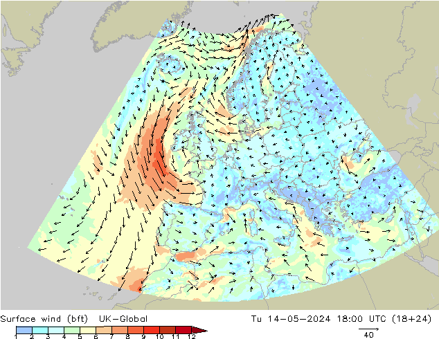 Surface wind (bft) UK-Global Út 14.05.2024 18 UTC