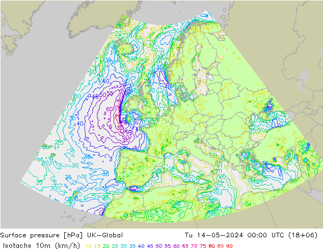 10米等风速线 (kph) UK-Global 星期二 14.05.2024 00 UTC