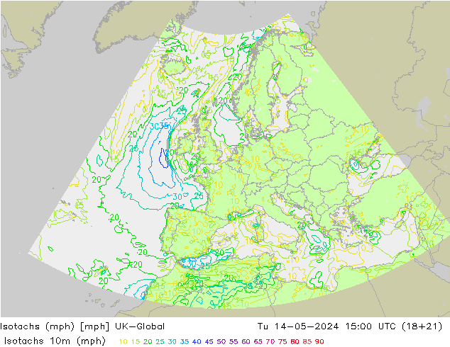 Isotachen (mph) UK-Global Di 14.05.2024 15 UTC
