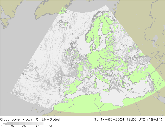 Cloud cover (low) UK-Global Tu 14.05.2024 18 UTC