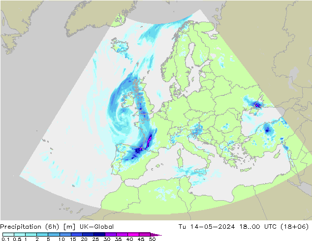 降水量 (6h) UK-Global 星期二 14.05.2024 00 UTC