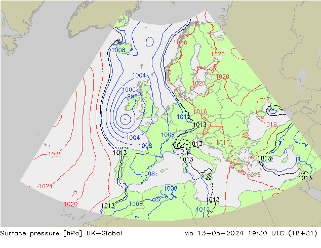 Atmosférický tlak UK-Global Po 13.05.2024 19 UTC
