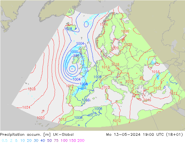 Precipitation accum. UK-Global Mo 13.05.2024 19 UTC