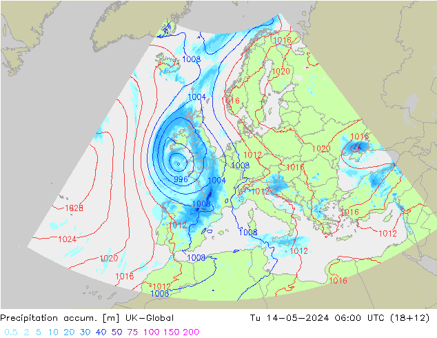 Precipitation accum. UK-Global Tu 14.05.2024 06 UTC