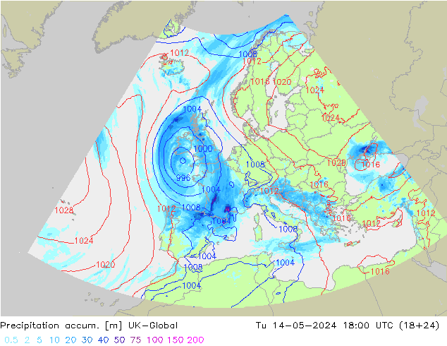Precipitation accum. UK-Global Tu 14.05.2024 18 UTC