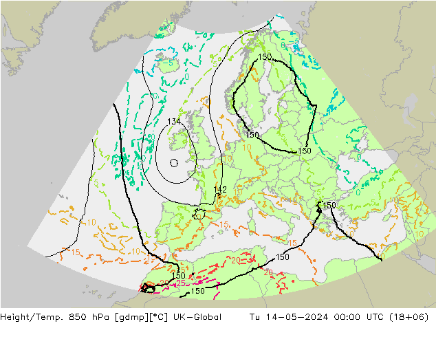Hoogte/Temp. 850 hPa UK-Global di 14.05.2024 00 UTC