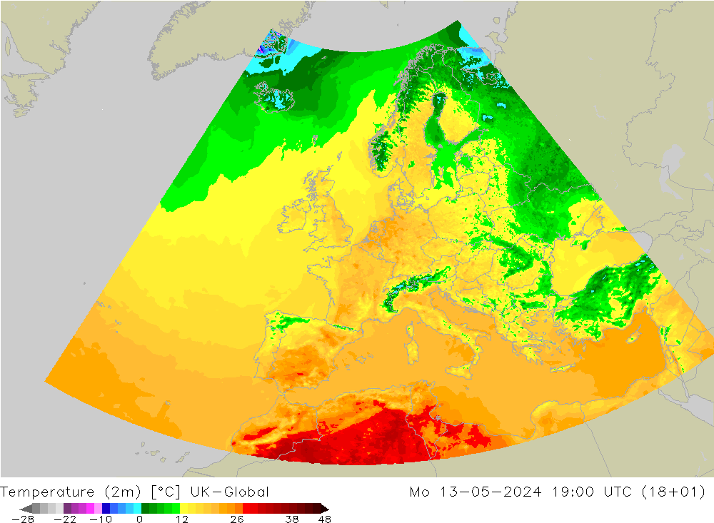 Temperature (2m) UK-Global Po 13.05.2024 19 UTC