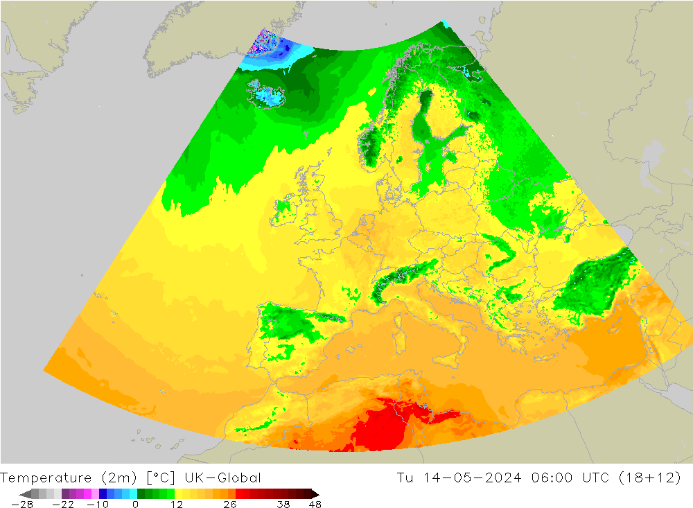 Temperature (2m) UK-Global Tu 14.05.2024 06 UTC
