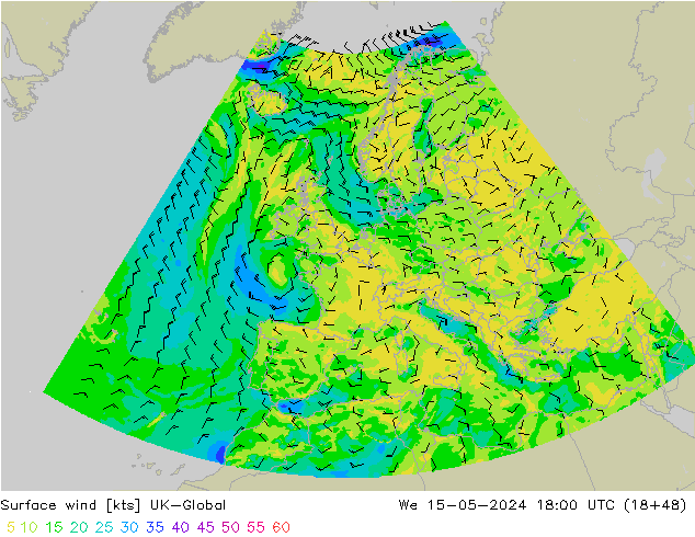 Surface wind UK-Global St 15.05.2024 18 UTC