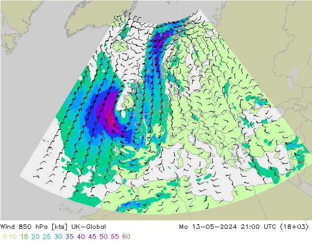 Rüzgar 850 hPa UK-Global Pzt 13.05.2024 21 UTC