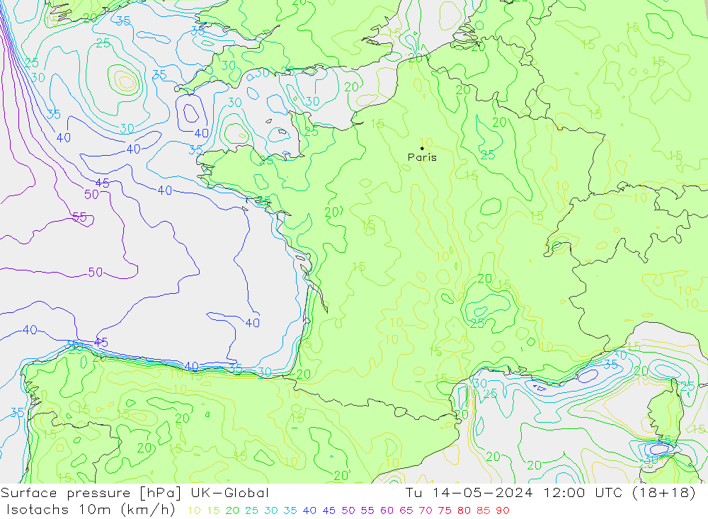 Isotachs (kph) UK-Global mar 14.05.2024 12 UTC