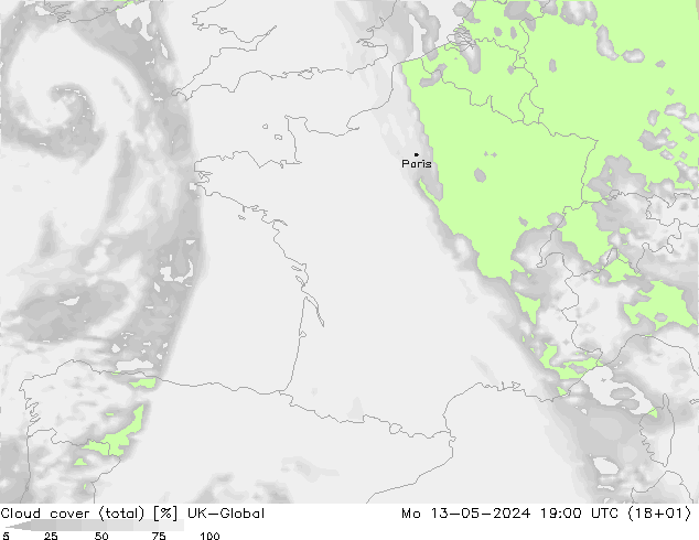 zachmurzenie (suma) UK-Global pon. 13.05.2024 19 UTC