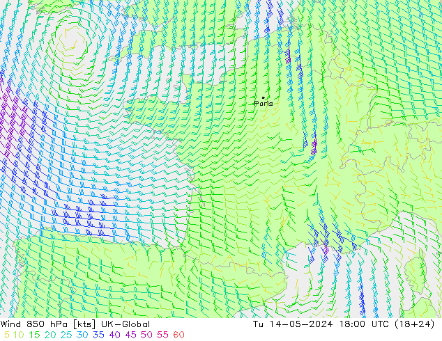 Wind 850 hPa UK-Global Tu 14.05.2024 18 UTC