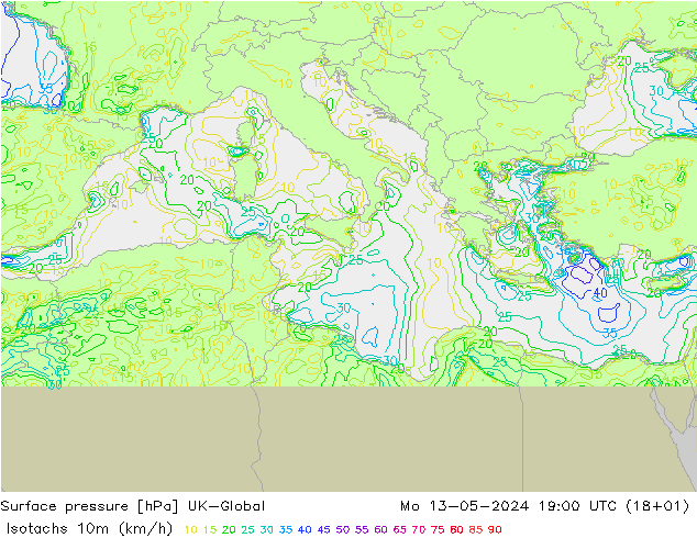 Eşrüzgar Hızları (km/sa) UK-Global Pzt 13.05.2024 19 UTC