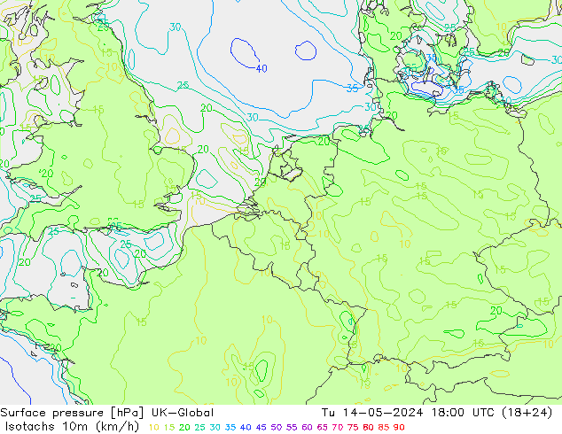 Isotachen (km/h) UK-Global Di 14.05.2024 18 UTC