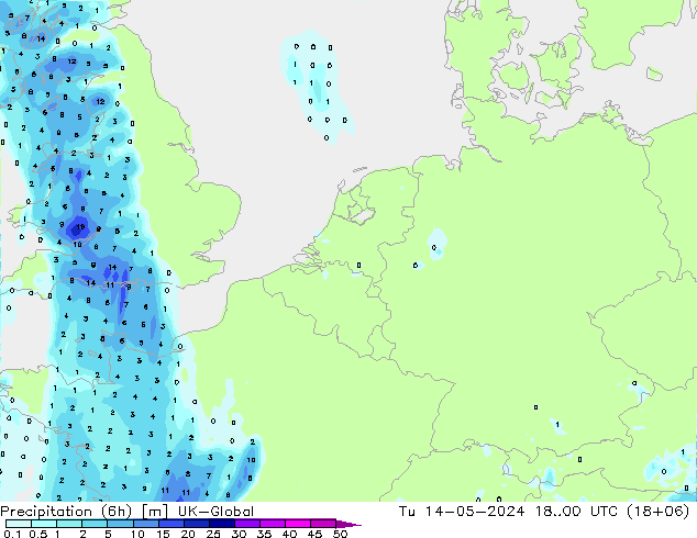 降水量 (6h) UK-Global 星期二 14.05.2024 00 UTC