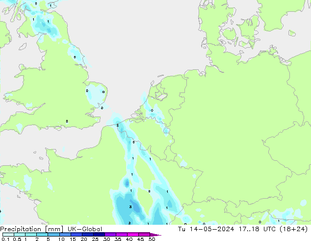 Precipitation UK-Global Tu 14.05.2024 18 UTC
