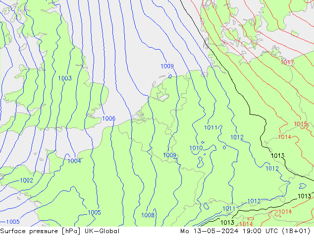 Presión superficial UK-Global lun 13.05.2024 19 UTC