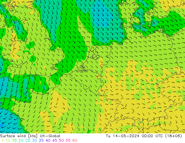 Surface wind UK-Global Tu 14.05.2024 00 UTC