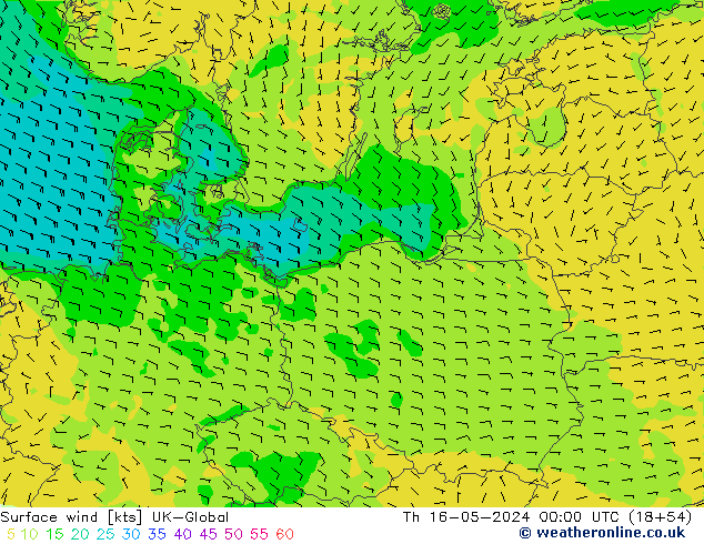 Surface wind UK-Global Th 16.05.2024 00 UTC