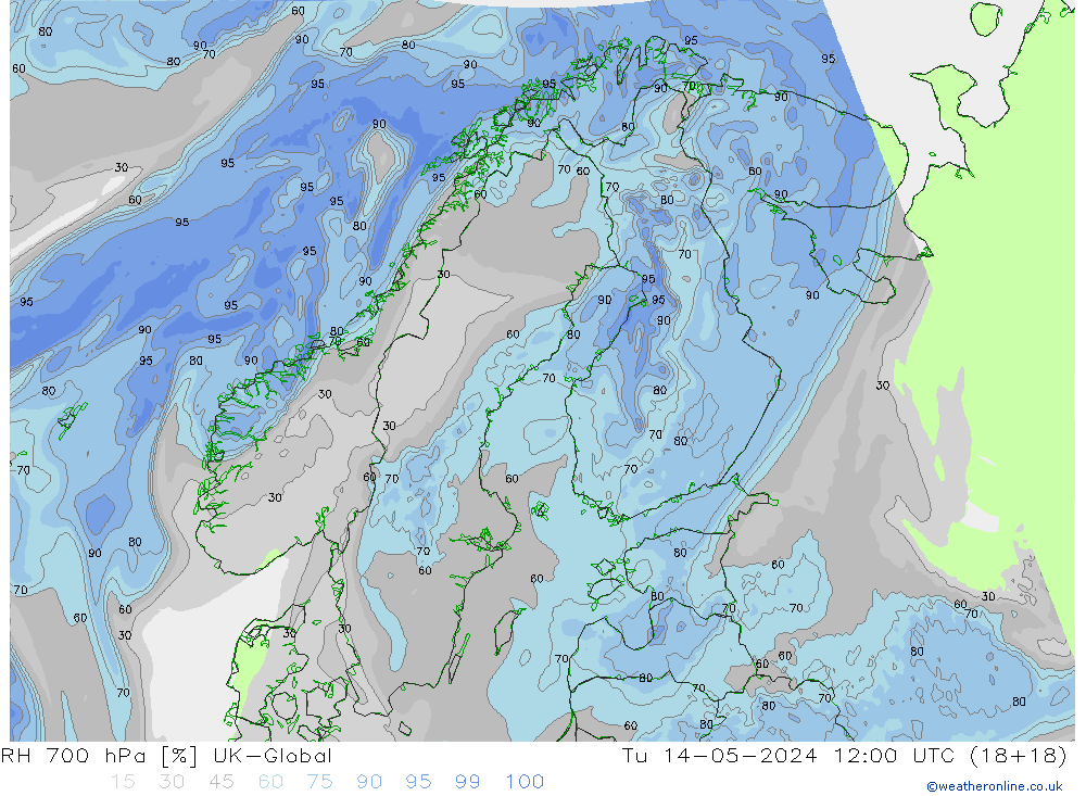 Humidité rel. 700 hPa UK-Global mar 14.05.2024 12 UTC