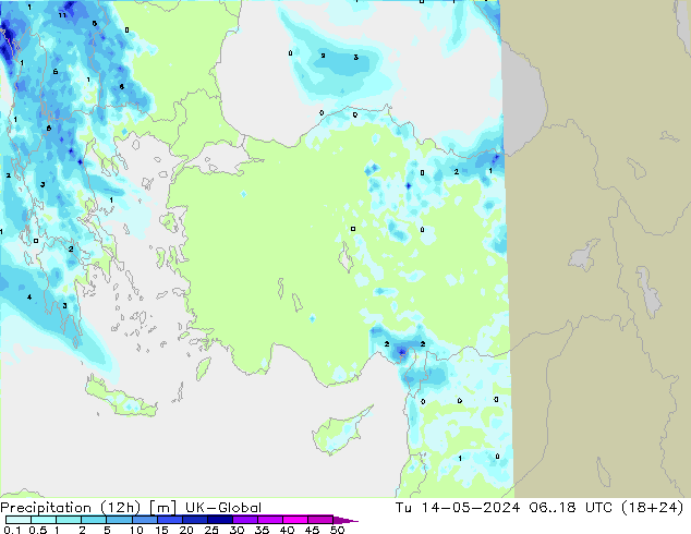 Precipitation (12h) UK-Global Tu 14.05.2024 18 UTC