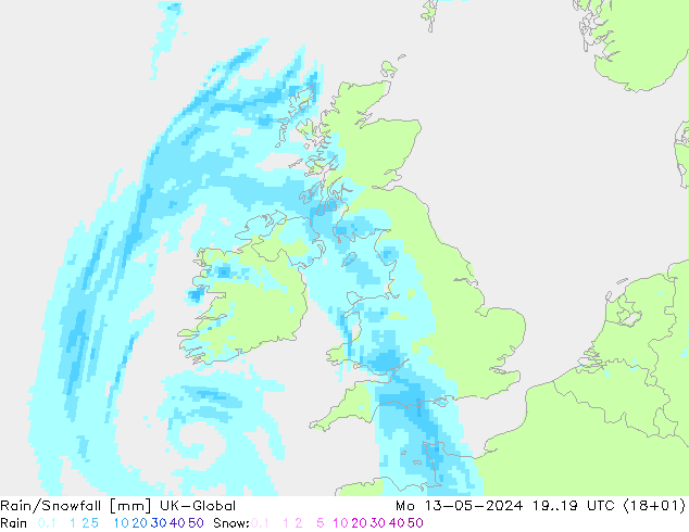 Rain/Snowfall UK-Global Mo 13.05.2024 19 UTC