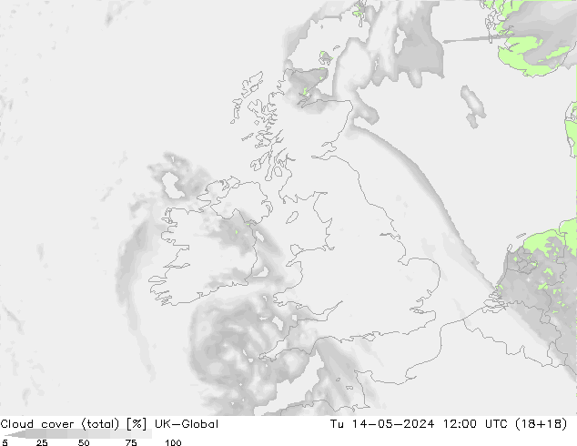 Cloud cover (total) UK-Global Tu 14.05.2024 12 UTC