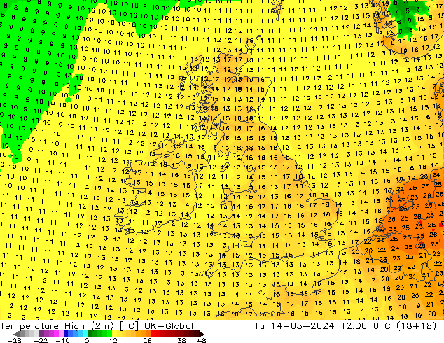 Temperature High (2m) UK-Global Tu 14.05.2024 12 UTC
