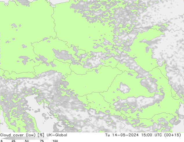 Cloud cover (low) UK-Global Tu 14.05.2024 15 UTC