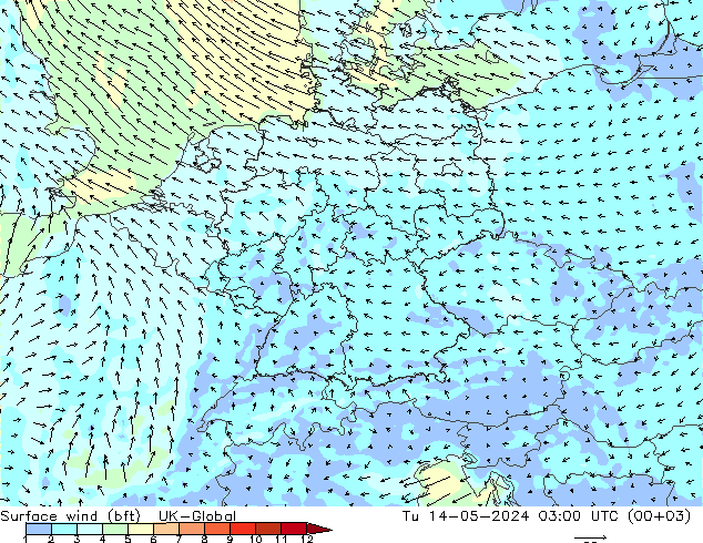 Surface wind (bft) UK-Global Tu 14.05.2024 03 UTC