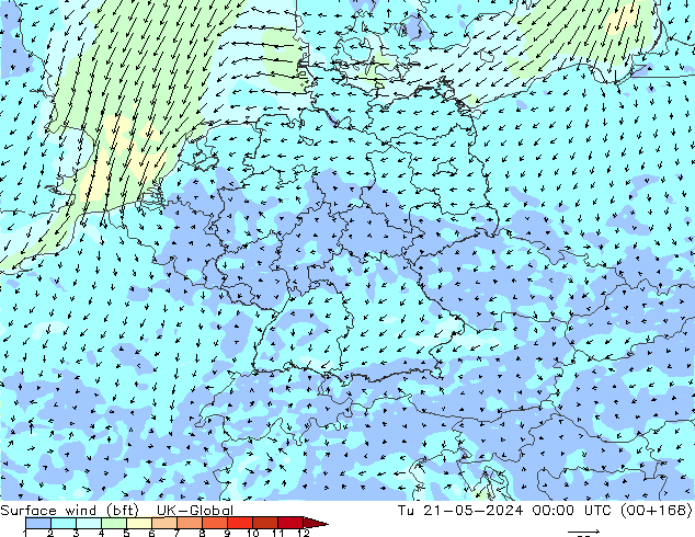 Surface wind (bft) UK-Global Út 21.05.2024 00 UTC