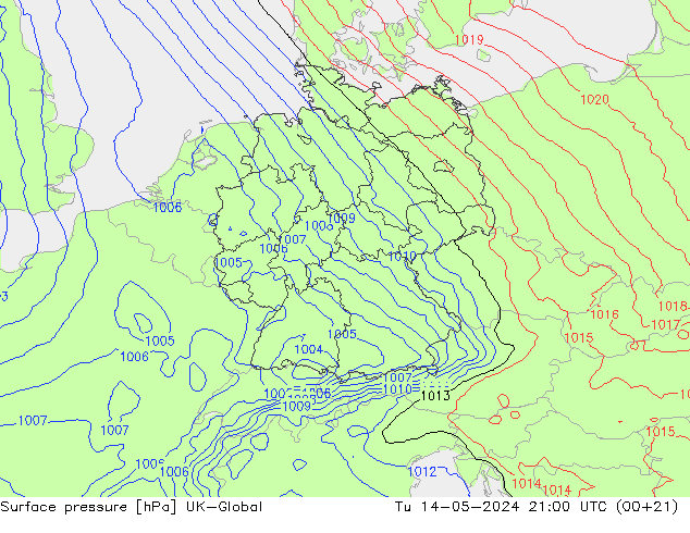 Atmosférický tlak UK-Global Út 14.05.2024 21 UTC