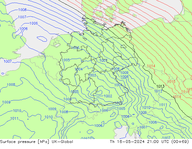Pressione al suolo UK-Global gio 16.05.2024 21 UTC