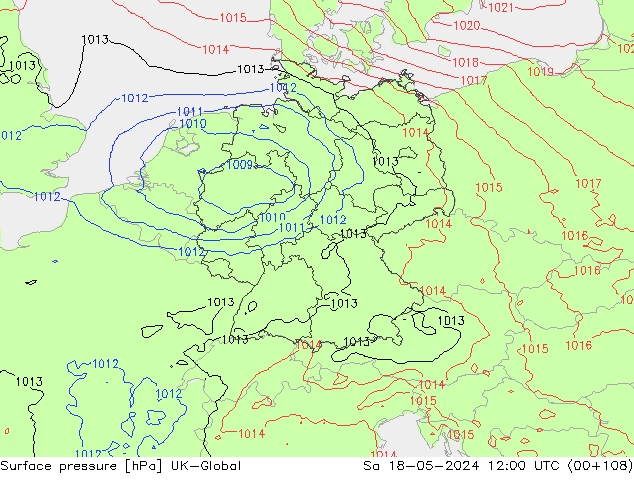 Pressione al suolo UK-Global sab 18.05.2024 12 UTC