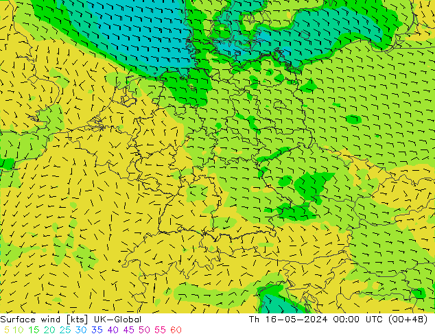 Surface wind UK-Global Čt 16.05.2024 00 UTC