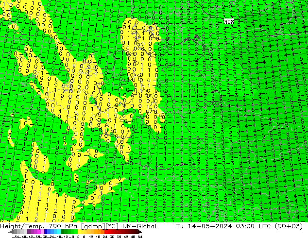 Hoogte/Temp. 700 hPa UK-Global di 14.05.2024 03 UTC