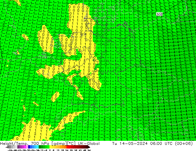 Geop./Temp. 700 hPa UK-Global mar 14.05.2024 06 UTC