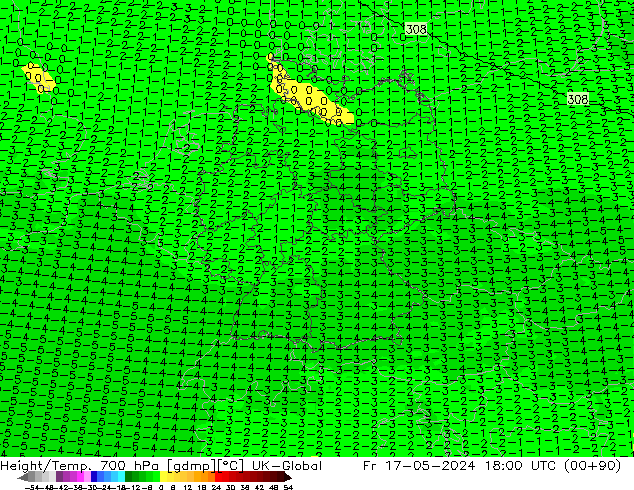 Height/Temp. 700 hPa UK-Global Fr 17.05.2024 18 UTC
