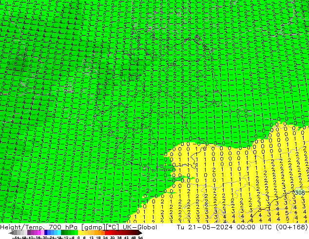 Height/Temp. 700 hPa UK-Global mar 21.05.2024 00 UTC