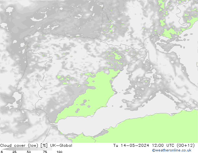 Cloud cover (low) UK-Global Tu 14.05.2024 12 UTC