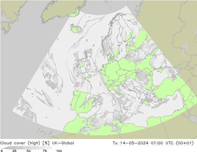 Cloud cover (high) UK-Global Tu 14.05.2024 01 UTC