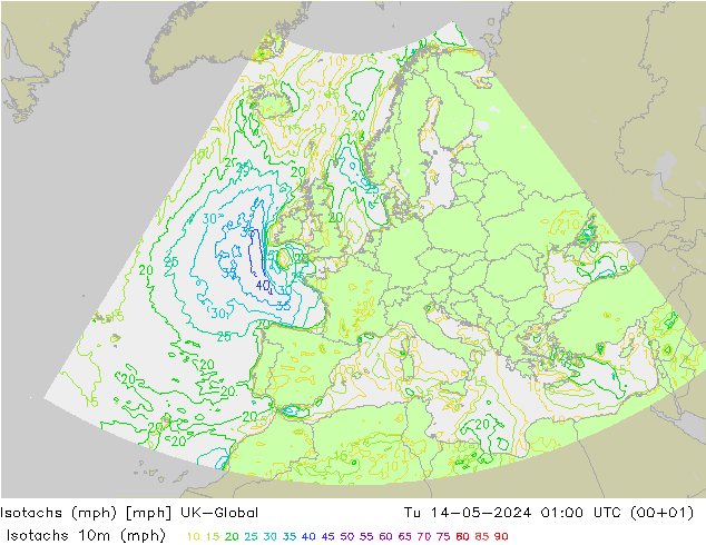 Isotachs (mph) UK-Global 星期二 14.05.2024 01 UTC