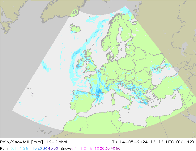 Rain/Snowfall UK-Global Út 14.05.2024 12 UTC