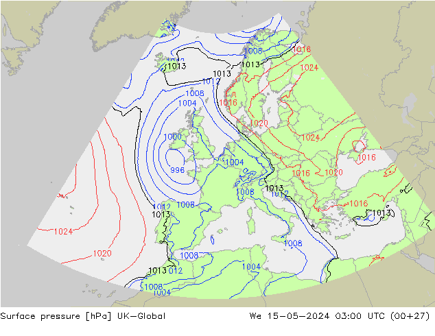 Pressione al suolo UK-Global mer 15.05.2024 03 UTC