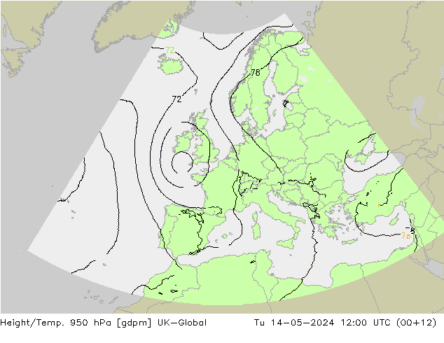 Height/Temp. 950 hPa UK-Global mar 14.05.2024 12 UTC