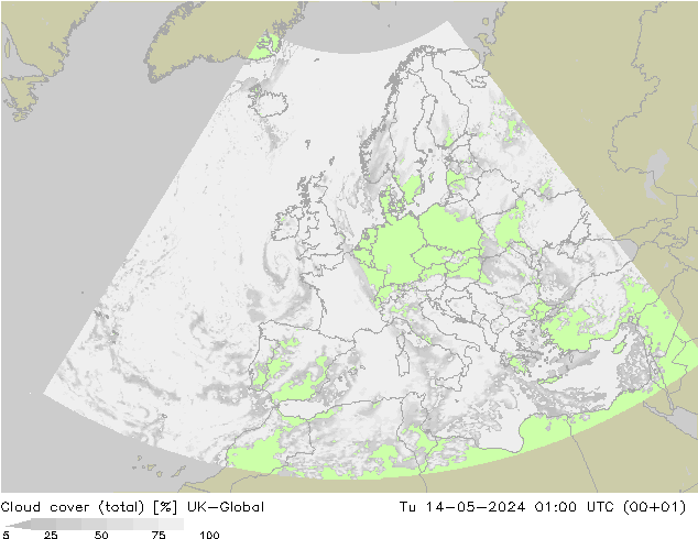 Cloud cover (total) UK-Global Út 14.05.2024 01 UTC