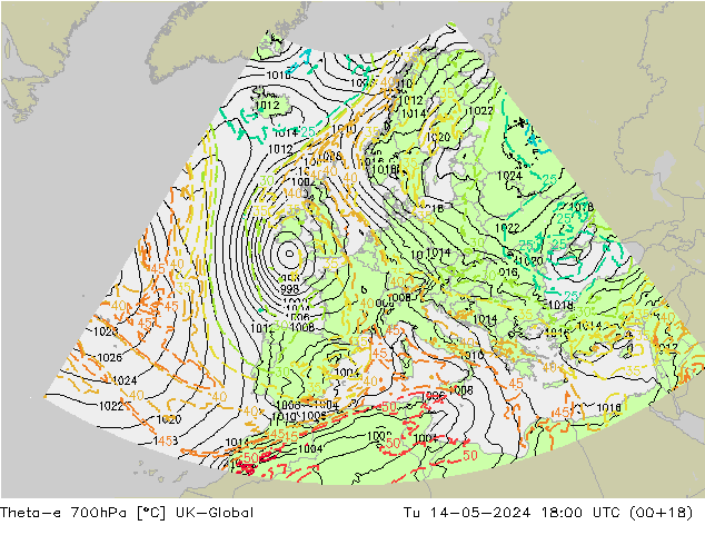 Theta-e 700hPa UK-Global mar 14.05.2024 18 UTC