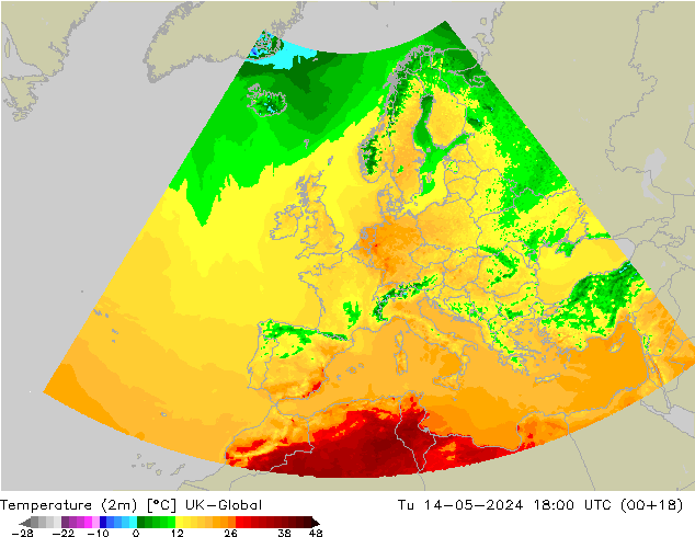 Temperature (2m) UK-Global Út 14.05.2024 18 UTC