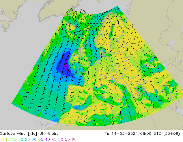 Viento 10 m UK-Global mar 14.05.2024 06 UTC